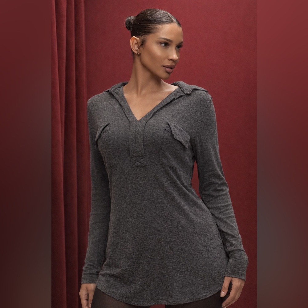 Splendid Charcoal Hooded V-Neck Long Sleeve Top